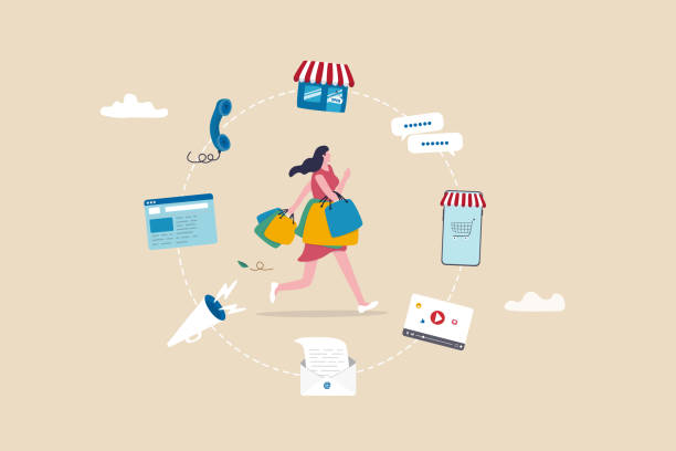 Omnichannel marketing, multi channel for customer to buy products, young woman customer with shopping bags buying from multi channel store, website, mobile and other chat and call center.